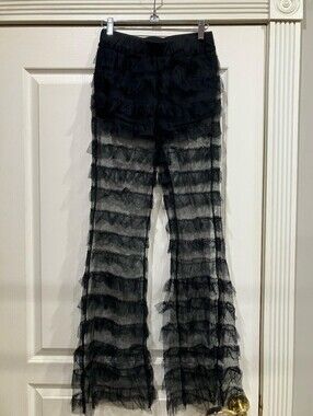 Black Sheer Layered Ruffle Flared Pants. Built In Shorts